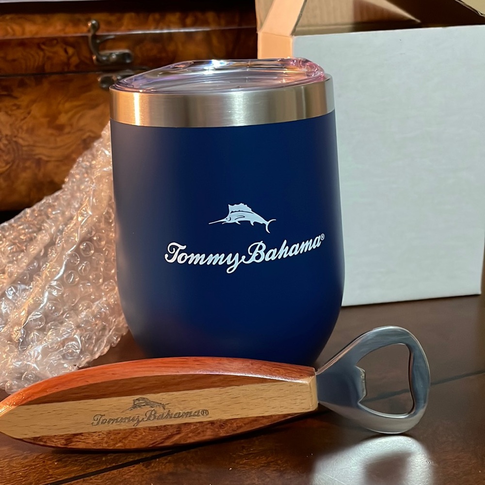New Tommy Bahama Wooden Can Opener & Stemless Wine Glass Gift Set